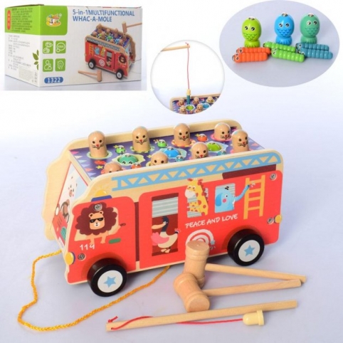Деревянная Эко игрушка Развивающий центр Автобус - каталка - Стучалка MD 2835