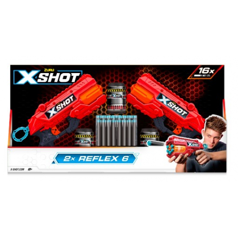 X-Shot Red Набір швидкострільних бластерів EXCEL Reflex Double (2бластера, 3банки, 16патронів)