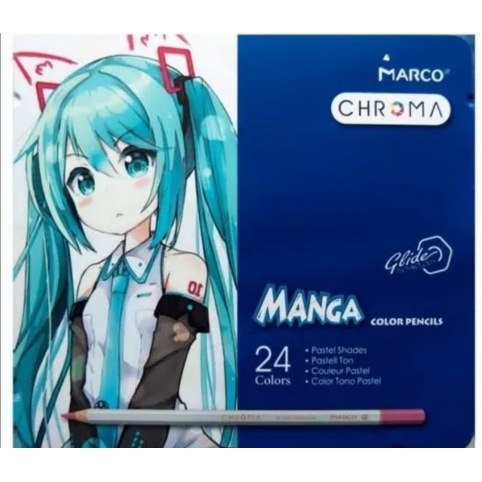 Карандаши 24 цвета шестигранные в металлическом пенале, Chroma (Manga), ТМ Marco
