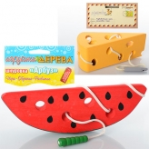 Деревянная игрушка Шнуровка MD 0494 (120шт) продукты, микс видов, от 8,5см, в кульке,12-18-5см рис. 1